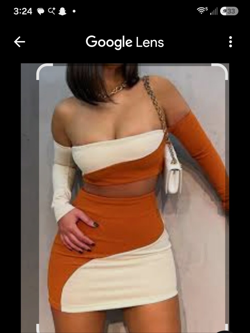 Colorblock Off-Shoulder Top With Mini Skirt in Rust and Cream